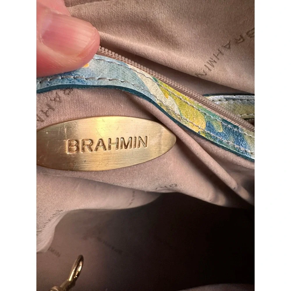 Brahmin Duxbury Satchel Floral Blue Yellow Leather Dome Bag Gold Hardware